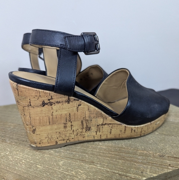 Franco Sarto Black Leather Cork Wedge Sandals Women’s 7 Ankle Strap Platform - Picture 3 of 7